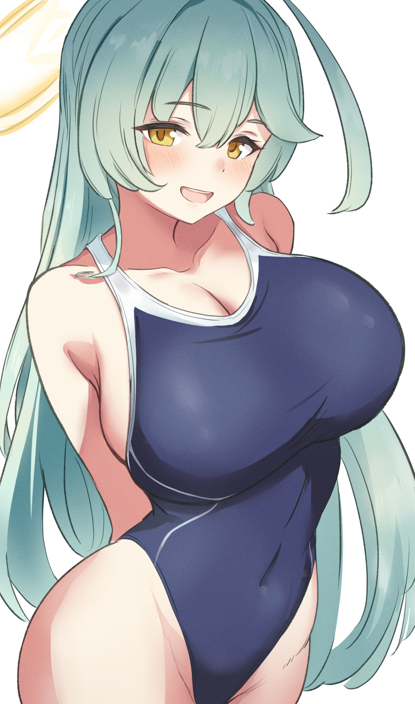 1girl absurdres aqua_hair black_one-piece_swimsuit blue_archive blush breasts cleavage commentary_request covered_navel cowboy_shot groin halo highleg highleg_swimsuit highres huge_breasts impossible_clothes impossible_swimsuit long_hair looking_at_viewer metsu_end one-piece_swimsuit open_mouth school_swimsuit smile solo swimsuit very_long_hair white_background yellow_eyes yellow_halo yume_(blue_archive)