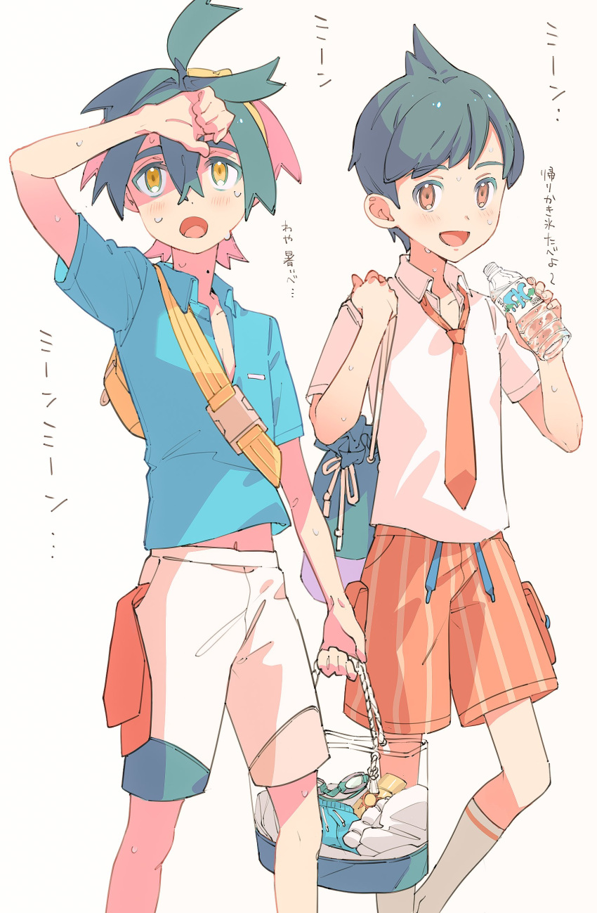 2boys absurdres bag black_hair blue_shirt bottle collared_shirt florian_(pokemon) hair_between_eyes highres holding holding_bag honyaru_(nanairo39) kieran_(pokemon) male_focus mole mole_on_neck multicolored_hair multiple_boys naranja_academy_school_uniform open_mouth orange_eyes pokemon pokemon_sv school_uniform shirt short_sleeves shorts simple_background sweat translation_request water_bottle white_shirt