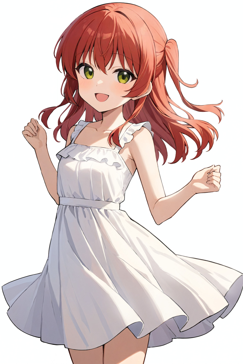1girl :d absurdres ai-assisted armpits bocchi_the_rock! collarbone commentary_request dress green_eyes hair_between_eyes highres kita_ikuyo long_hair looking_at_viewer sidelocks simple_background smile solo sunyunnyu two_side_up white_background white_dress wind
