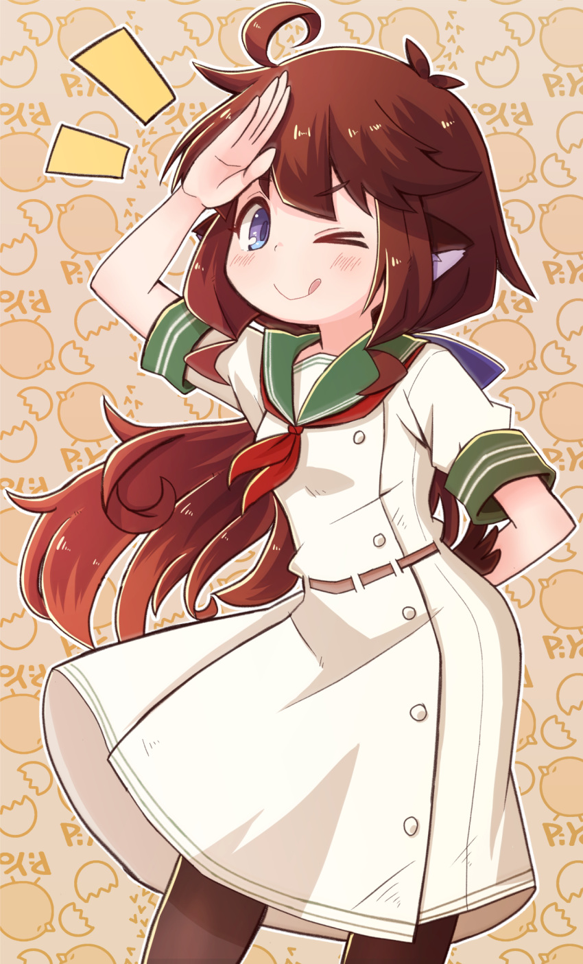 1girl :&gt; :q ahoge animal_ears arm_behind_back belt blue_eyes bow bowtie brown_belt brown_hair closed_mouth collar commentary_request cowboy_shot green_collar highres light_blush long_hair looking_at_viewer notice_lines one_eye_closed original pantyhose red_bow red_bowtie salute school_uniform serafuku short_sleeves short_tail smile solo standing tail tongue tongue_out white_serafuku yukinagi