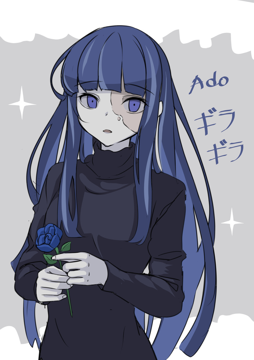 1girl absurdres ado_(utaite) black_dress black_shirt blue_eyes blue_flower blue_hair blue_rose blunt_bangs character_name dress flower gira_gira grey_background highres holding holding_flower kuda_aer long_hair long_sleeves looking_at_viewer open_mouth pale_skin purple_eyes rose scar scar_on_face shirt simple_background solo song_name sparkle standing turtleneck turtleneck_dress turtleneck_shirt two-tone_background upper_body white_background