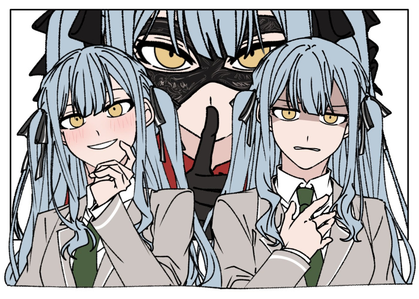 3girls a_jak bang_dream! bang_dream!_it's_mygo!!!!! black_gloves black_mask black_ribbon blue_hair blush clone collared_shirt commentary domino_mask finger_to_mouth gloves green_necktie grey_jacket hair_ribbon haneoka_school_uniform hashtag_only_commentary jacket long_hair mask multiple_girls necktie parted_lips ribbon school_uniform shaded_face shirt shushing simple_background smile togawa_sakiko two_side_up upper_body white_background white_shirt yellow_eyes