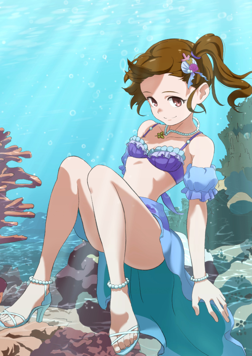 1girl absurdres air_bubble arms_at_sides bare_shoulders bikini bracelet breasts brown_eyes brown_hair bubble cleavage closed_mouth collarbone commentary_request convenient_leg feet floating_hair full_body futami_mami highres idolmaster idolmaster_(classic) idolmaster_million_live! idolmaster_million_live!_theater_days jewelry knees_together_feet_apart knees_up looking_at_viewer mappy_(minogue) medium_hair necklace pearl_anklet pearl_bracelet pearl_necklace purple_bikini sandals shell shell_bikini shell_hair_ornament sitting small_breasts smile solo split_mouth swimsuit thighs toes underwater