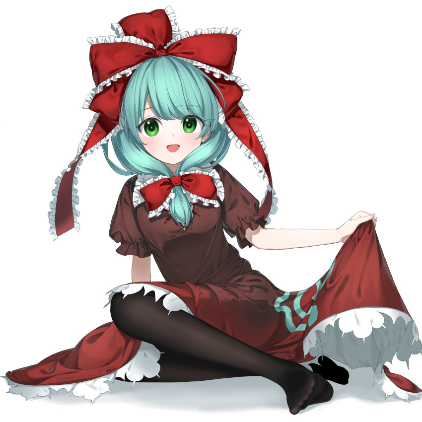 1girl absurdres black_thighhighs bow commission dress frilled_bow frilled_dress frilled_ribbon frills front_ponytail green_eyes green_hair hair_ribbon highres kagiyama_hina keiki8296 lifted_by_self looking_at_viewer open_mouth red_bow red_ribbon ribbon skeb_commission smile solo thighhighs touhou white_background