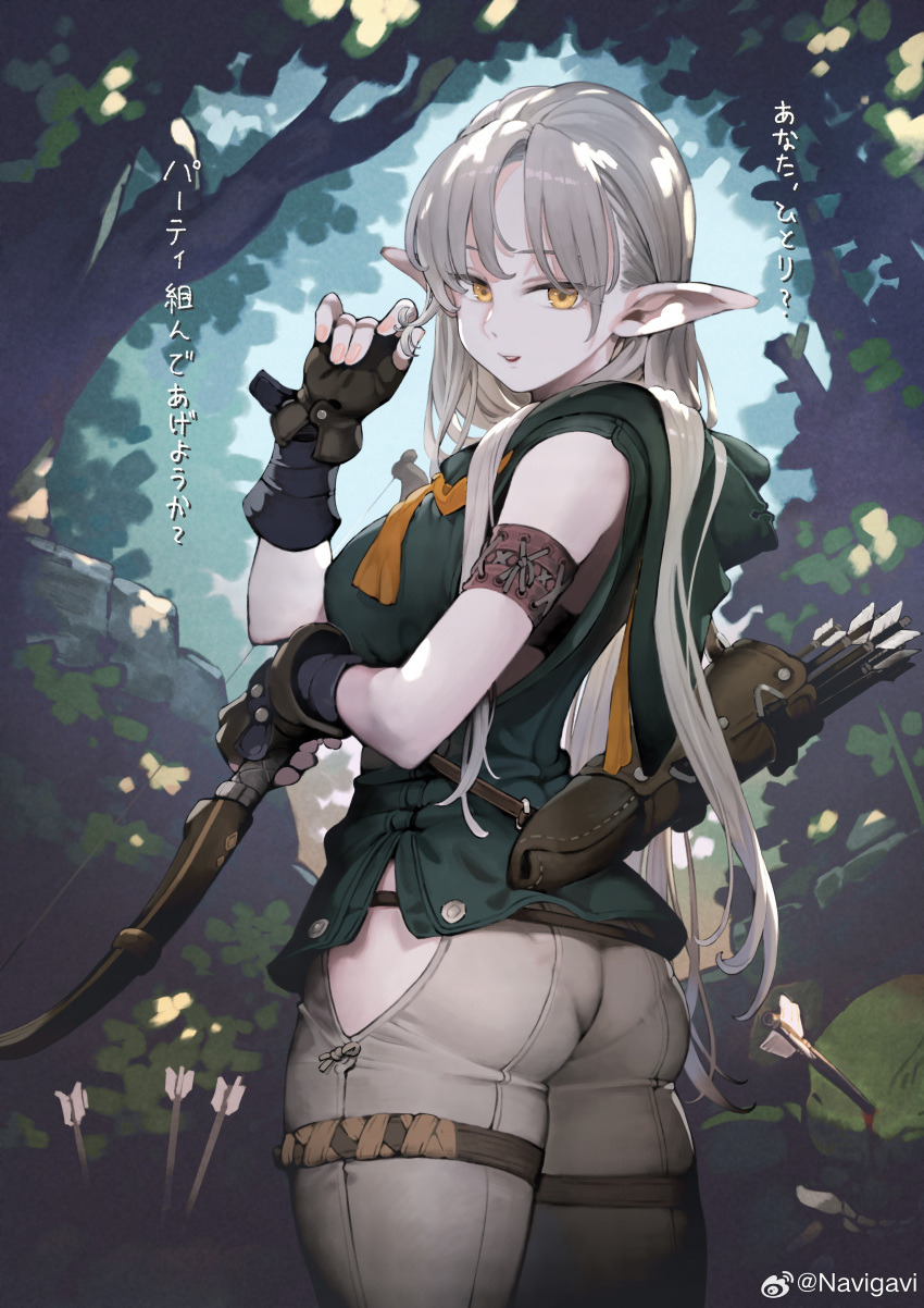 1girl absurdres armband arrow_(projectile) ass black_gloves blood bow_(weapon) breasts commentary cowboy_shot dappled_sunlight day elf fingerless_gloves forest gloves green_hoodie grey_hair grey_pants highres hip_vent holding holding_bow_(weapon) holding_hair holding_own_hair holding_weapon hood hood_down hoodie jun_(navigavi) long_hair looking_at_viewer medium_breasts nature orc original outdoors pants parted_lips pointy_ears quiver sleeveless sleeveless_hoodie smile solo_focus standing sunlight thigh_strap translated weapon weibo_logo weibo_username yellow_eyes
