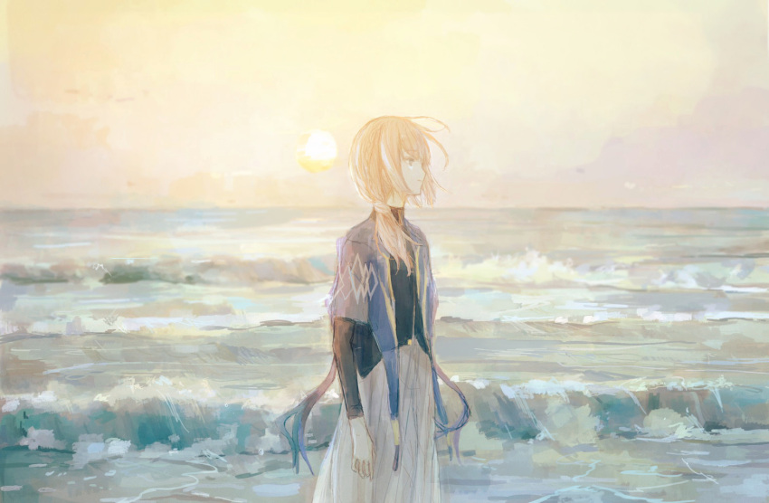 1girl beach black_shirt blue_eyes capelet closed_mouth commentary_request expressionless grey_skirt horizon jacket kaf_(kamitsubaki_studio) kamitsubaki_studio layered_sleeves long_hair long_sleeves low_ponytail ocean outdoors pink_hair profile scenery shirt short_over_long_sleeves short_sleeves skirt sky solo standing sun sunset virtual_youtuber water waves yori_(f2_ef7)