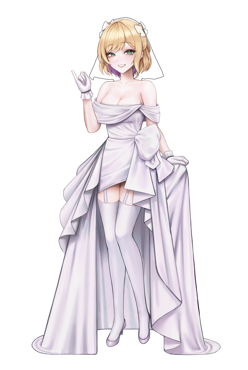 1girl absurdres blonde_hair breasts bridal_veil cleavage dress garter_straps gloves green_eyes high_heels highres kurumi_noah large_breasts looking_at_viewer short_hair simple_background smile solo thighhighs ur-8 veil virtual_youtuber vspo! wedding_dress white_background white_dress white_footwear white_garter_straps white_gloves white_thighhighs