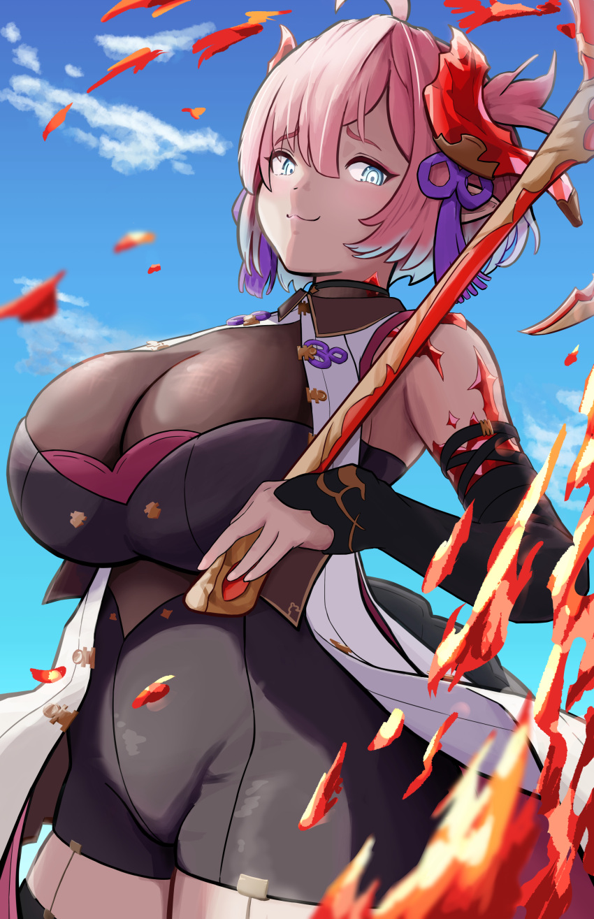 1girl :3 absurdres axe blue_eyes breasts chichiri cowboy_shot draph fire gradient_hair granblue_fantasy hair_ornament highres holding holding_axe horns kumanomenekoze large_breasts multicolored_hair pink_hair pointy_ears sleeveless solo tassel tassel_hair_ornament