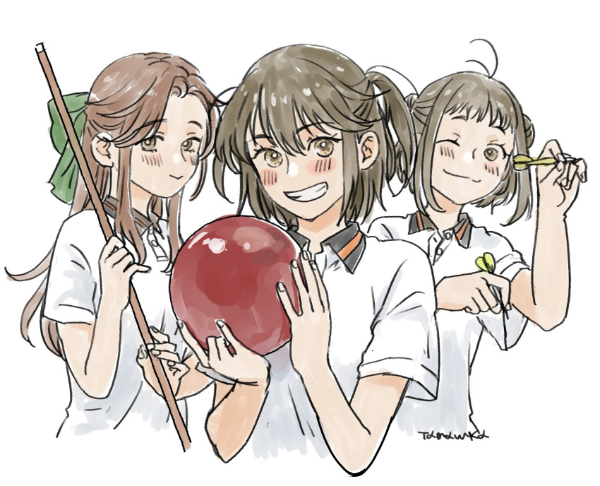 3girls alternate_costume ball black_hair bow bowling_ball brown_eyes brown_hair collared_shirt cue_stick double_bun green_bow grin hair_bow hair_bun highres holding_dart jintsuu_(kancolle) kantai_collection multiple_girls naka_(kancolle) one_eye_closed parted_bangs sendai_(kancolle) shirt sidelocks smile two_side_up upper_body white_shirt yoshizawa_tamae