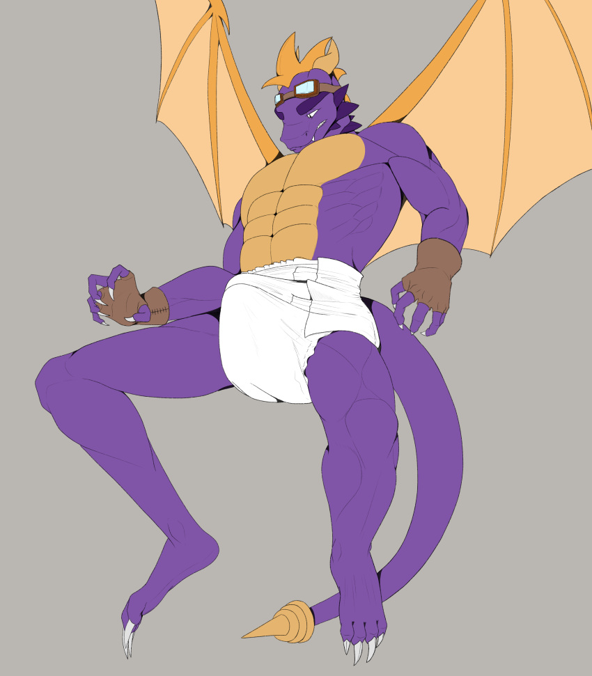 absurd_res activision anthro bulge clothing diaper dragon eyewear eyewear_on_head feet fingerless_gloves gloves goggles goggles_on_head handwear hi_res lonegreenorcacalf male muscular mythological_creature mythological_scalie mythology scalie solo spyro_the_dragon