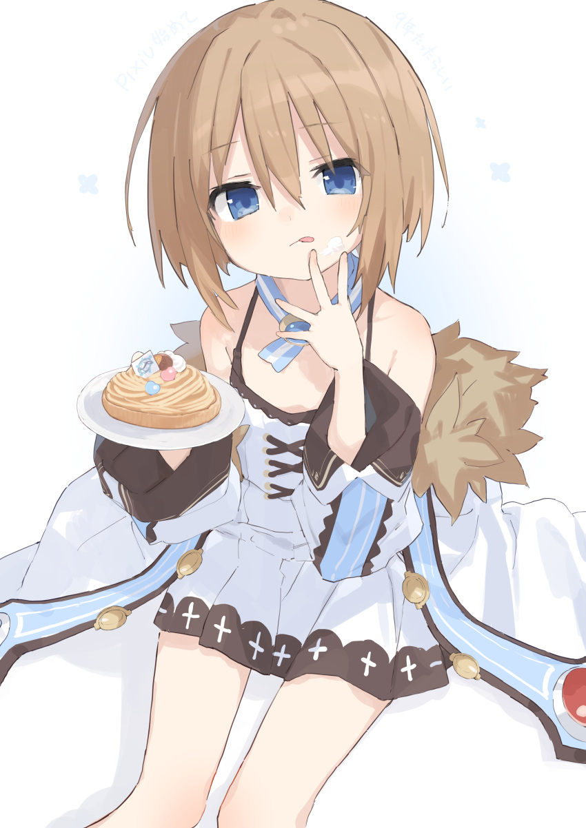 1girl :p absurdres bare_shoulders blanc_(neptunia) blue_eyes brooch buran_buta choujigen_game_neptune cream cream_on_face cross-laced_clothes cross-laced_dress cross_print dress food food_on_face fur-trimmed_jacket fur_trim highres holding holding_plate icing jacket jewelry knee_blush licking_own_face light_blush light_brown_hair looking_at_viewer neptune_(series) off_shoulder open_clothes open_jacket pie plate short_hair shoulder_blush sitting solo striped_choker tongue tongue_out white_background white_dress white_jacket