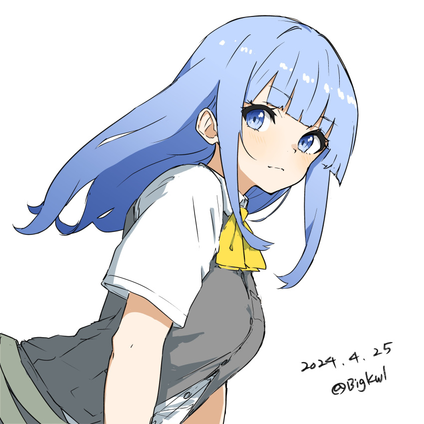 1girl absurdres bigkwl blue_eyes blue_hair blunt_bangs collared_shirt dated dress_shirt grey_vest hatsukaze_(kancolle) highres kantai_collection long_hair neckerchief one-hour_drawing_challenge school_uniform shirt simple_background solo twitter_username upper_body vest white_background white_shirt yellow_neckerchief