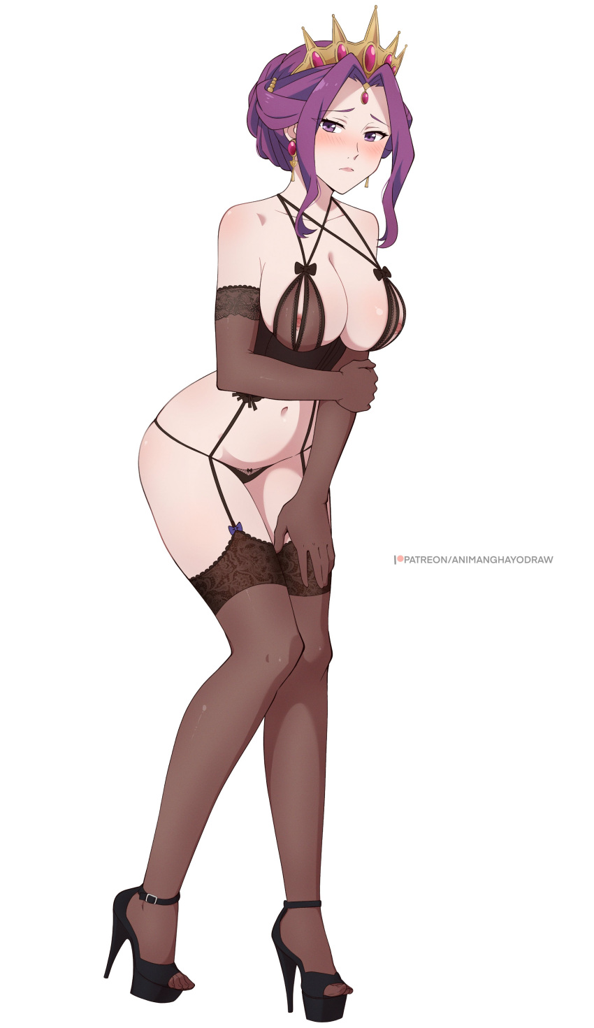 absurdres animanghayo black_bra black_panties blush bra breasts brown_gloves brown_thighhighs commentary earrings elbow_gloves embarrassed english_commentary forehead_jewel frown full_body garter_straps gloves high_heels highres jewelry large_breasts mirelia_q_melromarc navel nipples open_bra panties patreon_username purple_eyes purple_hair sidelocks tate_no_yuusha_no_nariagari thighhighs tiara underwear watermark