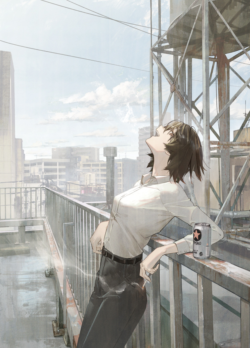 1girl :v absurdres against_railing beer_can belt black_belt black_hair black_pants blue_sky brown_hair building can city cityscape collared_shirt day drink_can guard_rail highres leaning_back looking_at_viewer matsuura_kento neck office_lady original outdoors pant_suit pants railing rooftop shirt shirt_tucked_in sky smoking solo suit tobacco water_tank water_tower white_shirt