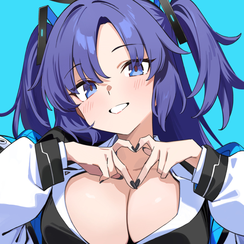 1girl black_halo black_nails blue_archive blue_background blue_eyes blue_hair blush breasts cleavage commentary halo heart heart_hands highres jacket large_breasts long_hair long_sleeves looking_at_viewer nail_polish simple_background smile solo two_side_up upper_body white_jacket xiaoxiao_de_kuangsan yuuka_(blue_archive)