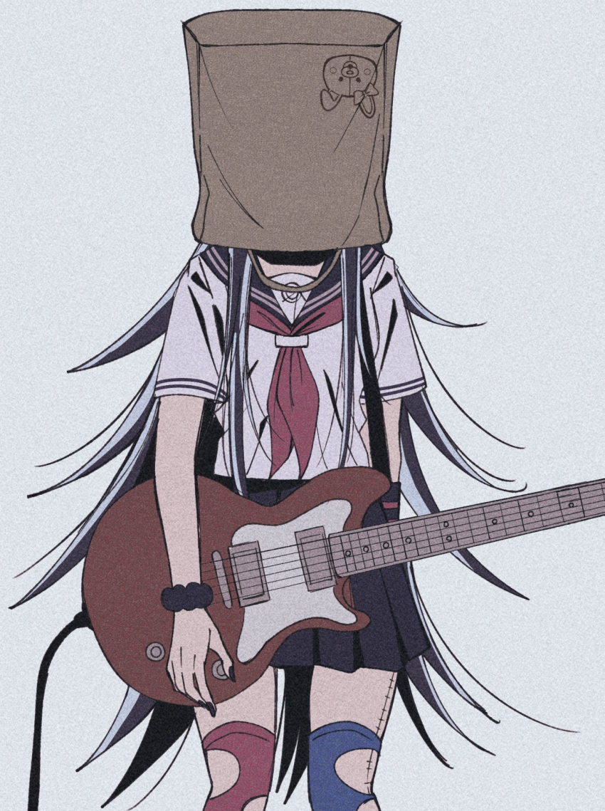 1girl asymmetrical_legwear bag bag_over_head black_nails black_sailor_collar black_scrunchie black_skirt blue_thighhighs danganronpa_(series) danganronpa_2:_goodbye_despair electric_guitar facing_viewer film_grain grey_shirt guitar highres instrument miniskirt mioda_ibuki mismatched_legwear monomi_(danganronpa) nail_polish neckerchief paper_bag pleated_skirt red_neckerchief red_thighhighs sailor_collar satori_(aosky9077) scar scar_on_leg scrunchie shirt skirt solo thighhighs torn_clothes torn_thighhighs wrist_scrunchie