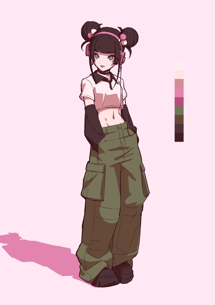 1girl :p arm_warmers baggy_pants black_arm_warmers black_choker black_footwear black_hair blunt_bangs breasts brown_pants cargo_pants choker collared_shirt color_guide cropped_shirt double_bun full_body gaako_illust grey_eyes hair_bobbles hair_bun hair_ornament hands_in_pockets headphones highres looking_to_the_side midriff navel original pants polo_shirt shirt shoes short_sleeves simple_background small_breasts solo standing tongue tongue_out white_shirt