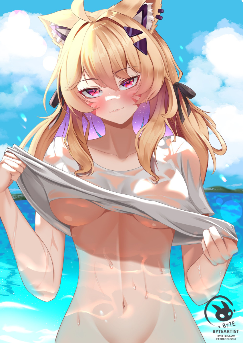 1girl absurdres ahoge animal_ear_fluff animal_ears beach blonde_hair blush breasts byte-artist cat_ears cat_girl clothes_lift day facial_mark hair_ornament highres indie_virtual_youtuber lifted_by_self long_hair looking_at_viewer medium_breasts out-of-frame_censoring outdoors red_eyes shirt shirt_lift shyrei_faolan solo virtual_youtuber water wet wet_clothes whisker_markings white_shirt