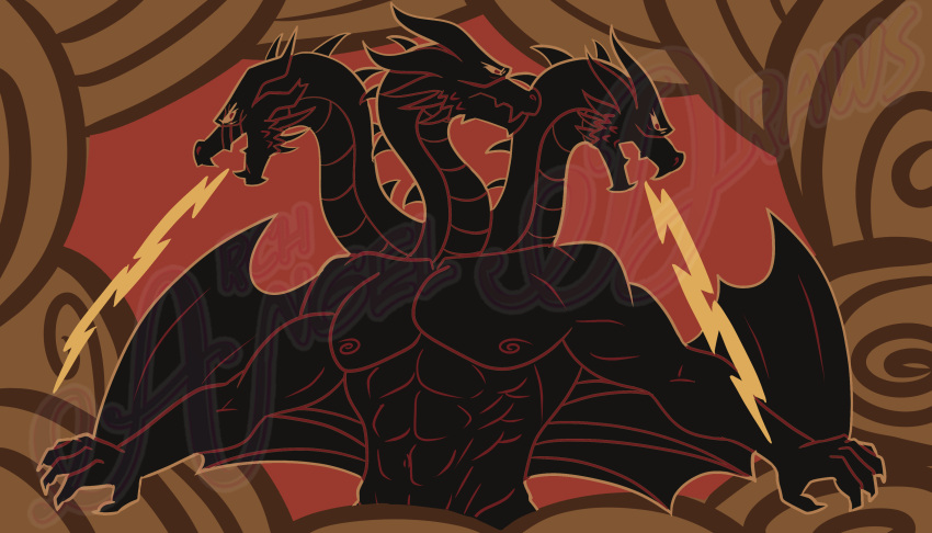 abs absurd_res anthro archangeldraws2 big_muscles big_pecs claws cloud electricity godzilla_(series) hi_res horn kaiju king_ghidorah lightning lightning_bolt male muscular muscular_anthro muscular_arms muscular_male nipples pecs red_eyes solo spikes spikes_(anatomy) toho wings