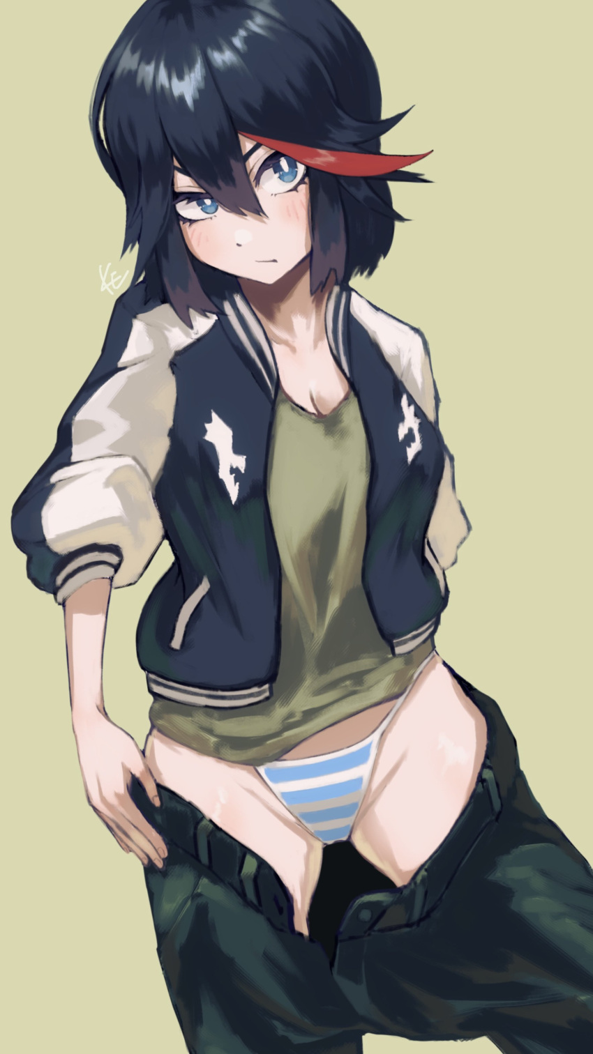 1girl :t absurdres ahoge artist_name belt black_belt black_hair black_jacket black_pants blue_eyes blue_panties blush bob_cut breasts bright_pupils cleavage closed_mouth clothes_pull collarbone commentary cowboy_shot eyelashes green_background green_shirt groin hair_between_eyes highleg highleg_panties highres jacket kenosousaku kill_la_kill letterman_jacket long_sleeves looking_at_viewer matoi_ryuuko medium_breasts multicolored_hair open_clothes open_fly open_jacket panties pants pants_pull pout pulled_by_self raglan_sleeves red_hair shirt short_hair signature simple_background solo standing streaked_hair string_panties striped_clothes striped_panties t-shirt underwear undressing white_jacket white_panties white_pupils