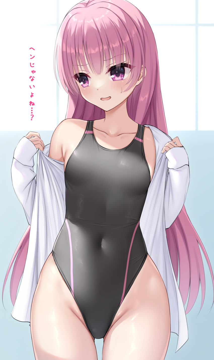1girl black_one-piece_swimsuit breasts collarbone collared_shirt competition_swimsuit covered_navel dress_shirt facing_viewer highleg highleg_swimsuit highres long_hair looking_to_the_side mitsukasa_ayase ncontrail_(mgax7527) one-piece_swimsuit open_clothes open_shirt pink_eyes pink_hair riddle_joker shirt small_breasts solo swimsuit translation_request white_shirt