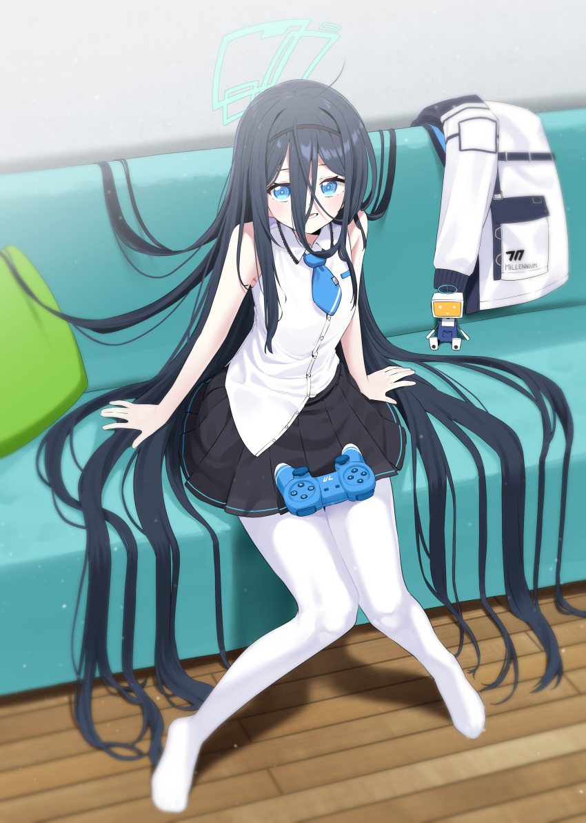 &lt;key&gt;_(robot)_(blue_archive) 1girl :d @_@ absurdly_long_hair absurdres alternate_costume alternate_hairstyle aris_(blue_archive) arm_support armpit_peek b.t._(boob_tong) black_hair black_skirt blue_archive blue_eyes blue_halo blue_necktie breast_pocket casual collared_shirt commentary_request controller couch english_text game_controller hair_between_eyes hair_down hair_intakes hairband halo highres indoors jacket knees_together_feet_apart long_bangs long_hair looking_at_viewer necktie on_couch pantyhose pillow pleated_skirt pocket school_uniform shirt shirt_partially_tucked_in short_necktie sidelocks sitting skirt sleeveless sleeveless_shirt smile solo tie_clip unworn_jacket very_long_hair white_pantyhose white_shirt wooden_floor