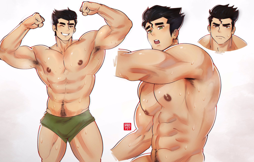 1boy abs armpit_hair avatar_legends bara barayot black_hair blush bolin bulge collage double_biceps_pose flexing green_eyes highres large_pectorals light_frown looking_at_viewer male_focus muscular muscular_male navel navel_hair nipples nude out-of-frame_censoring pectorals seductive_smile short_hair smile standing stomach sweat the_legend_of_korra thick_eyebrows topless_male very_sweaty