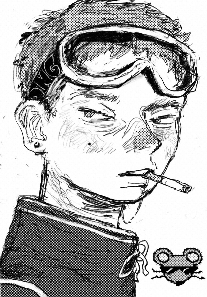 1boy cigarette ear_piercing goggles goggles_on_head highres lip_piercing male_focus mettaflix mouse_(animal) original piercing portrait sketch sunglasses teeth upper_teeth_only white_background