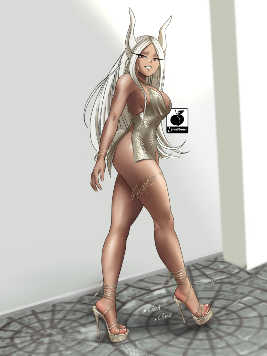 1girl absurdres animal_ears artist_logo bare_legs bare_shoulders boku_no_hero_academia bracelet breasts dark-skinned_female dark_skin dress earrings english_commentary feet full_body high_heels highres hoop_earrings jewelry large_breasts legs linkartoon long_eyelashes long_hair long_legs looking_at_viewer mirko parted_bangs rabbit_ears rabbit_girl rabbit_tail raised_eyebrow red_eyes side_slit silver_dress smile solo sound_effects stiletto_heels strappy_heels tail tail_through_clothes thighlet thighs toenails toes toned_female very_long_hair walking white_hair