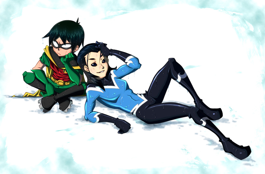 2boys aqua_lad black_hair bodysuit boots cape chin_rest dc_comics dick_grayson domino_mask garth gloves indian_style male male_focus mask multiple_boys robin_(dc) sitting smile solid_eyes teen_titans wet