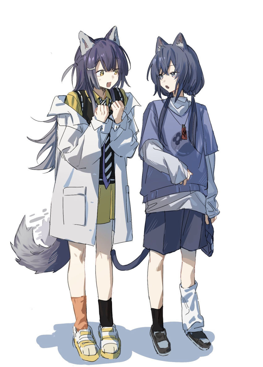 2girls :d :o animal_ears arm_at_side black_necktie black_socks black_vest blue_hair blue_shorts blue_sweater blush bone_hair_ornament cat_ears cat_girl cat_tail chuanzhoujikou collared_shirt dog_ears dog_girl dog_tail eye_contact grey_eyes grey_shirt hair_between_eyes hair_ornament hands_up highres jacket kemonomimi_mode long_sleeves looking_at_another loose_socks miniskirt mismatched_socks multiple_girls necktie nijisanji off_shoulder one_side_up open_clothes open_jacket open_mouth orange_socks pleated_skirt ponto_nei purple_hair shadow shirt shoes shorts skirt sleeves_past_wrists smile sneakers socks sweater tail umise_yotsuha vest virtual_youtuber white_jacket white_socks yellow_eyes yellow_footwear yellow_shirt yellow_skirt