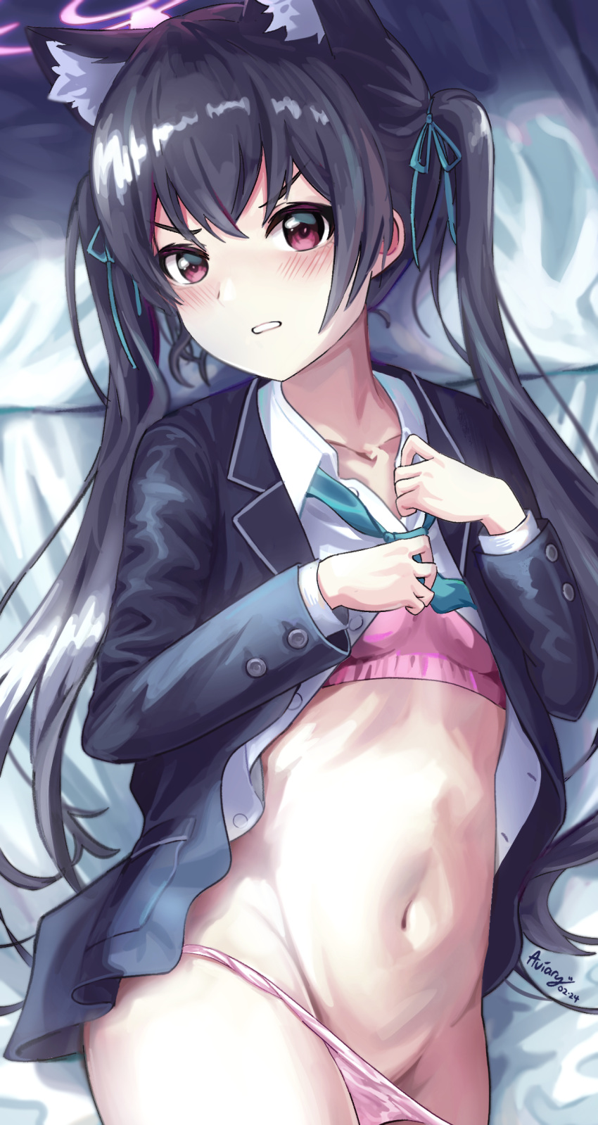 1girl animal_ear_fluff animal_ears aviary bed_sheet black_hair black_jacket blazer blue_archive blue_necktie blush bra breasts cat_ears cat_girl collarbone collared_shirt commentary english_commentary extra_ears groin hair_between_eyes halo highres jacket long_hair long_sleeves looking_at_viewer lying navel necktie on_back on_bed open_clothes open_jacket open_shirt panties panty_pull parted_lips pillow pink_bra pink_panties red_eyes school_uniform serika_(blue_archive) shirt sidelocks small_breasts solo stomach twintails underwear v-shaped_eyebrows white_shirt