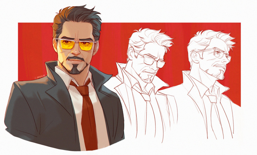 1boy anoiue brown_eyes brown_hair coat facial_hair goatee highres lips male_focus marvel marvel_cinematic_universe multiple_views mustache necktie orange-tinted_eyewear outside_border red_background red_necktie shirt tinted_eyewear tony_stark trench_coat two-tone_background white_background white_shirt