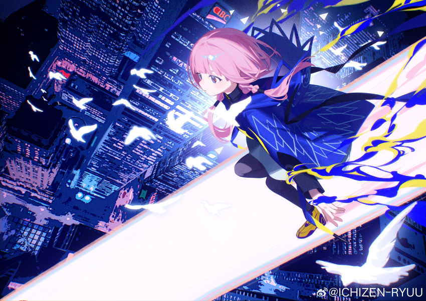 1girl absurdres bird black_pantyhose blue_eyes blue_jacket blush cityscape dove floating_hair from_side full_body highres hood hood_down hooded_jacket jacket kaf_(kamitsubaki_studio) kamitsubaki_studio long_bangs long_hair long_sleeves looking_ahead low_twintails night outdoors pantyhose parted_lips pink_eyes pink_hair ringed_eyes ryuuforkaf shoes solo twintails two-tone_eyes weibo_watermark white_bird yellow_footwear