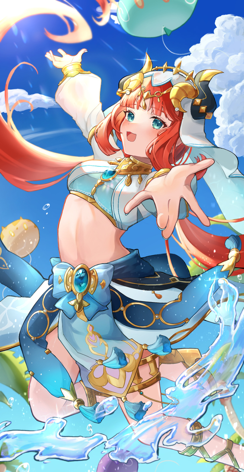 1girl absurdres aqua_eyes blue_gemstone blue_skirt blue_sky blush circlet cloud crop_top cumulonimbus_cloud day fake_horns floating_hair gem genshin_impact gladiator_sandals goat_horns gold_collar gold_horns gold_trim harem_outfit highres horns hydrokinesis jumping lens_flare long_hair long_sleeves looking_at_viewer low_twintails mokankan nilou_(genshin_impact) open_mouth orange_hair outstretched_arms palm_tree puffy_long_sleeves puffy_sleeves reaching reaching_towards_viewer sandals sidelocks skirt sky slime_(genshin_impact) smile sunlight tassel thighlet three_quarter_view tree twintails very_long_hair water white_veil