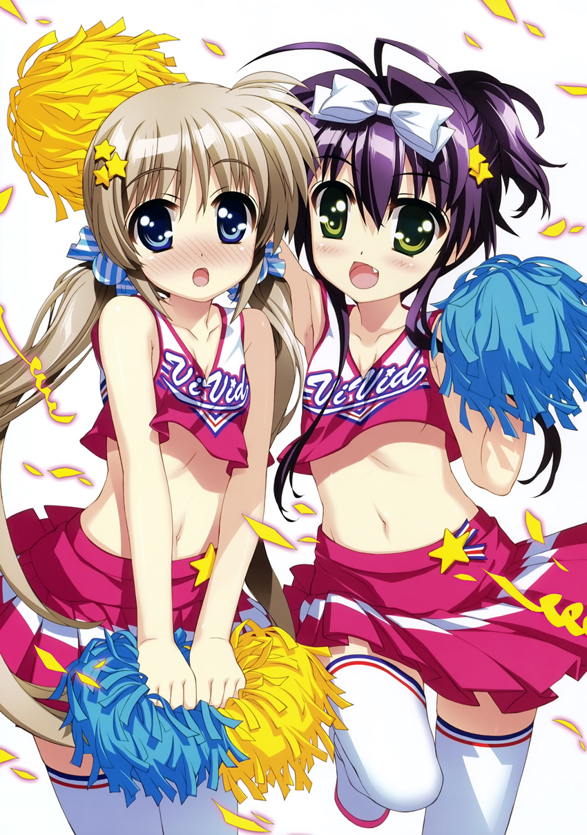 absurdres antenna_hair blue_eyes blush cheerleader corona_timir crop_top crop_top_overhang fang fujima_takuya full-face_blush happy highres long_hair looking_at_viewer lyrical_nanoha mahou_shoujo_lyrical_nanoha_vivid midriff multiple_girls navel pom_poms ponytail rio_wezley scan skirt skirt_lift thighhighs wind wind_lift