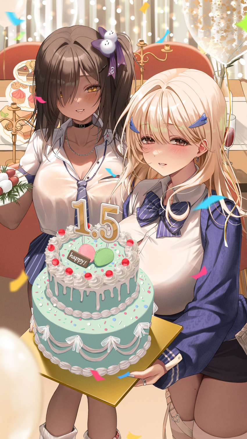 2girls absurdres ame_816 anniversary black_choker blonde_hair blue_bow blue_bowtie blue_cardigan blue_necktie blurry blurry_foreground blush bow bowtie bra_visible_through_clothes breasts brown_hair button_gap cake candlestand cardigan chair champagne_flute choker cleavage collared_shirt confetti cookie cup cupcake dark-skinned_female dark_skin drinking_glass earrings food from_above goddess_of_victory:_nikke grey_nails gyaru happy_anniversary highres holding holding_plate huge_breasts jewelry kogal loose_necktie miniskirt multiple_girls naga_(nikke) necklace necktie plate pleated_skirt see-through shirt side_ponytail skirt smile striped_necktie thighhighs tia_(nikke) white_shirt yellow_eyes