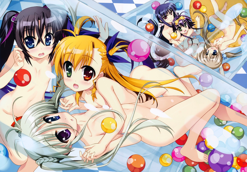 :d absurdres ahoge antenna_hair ball bangs barefoot blonde_hair blue_eyes blue_hair blue_ribbon blush bow braid breasts collarbone convenient_censoring corona_timir einhart_stratos els_tasmin eyebrows_visible_through_hair fang flat_chest fujima_takuya green_eyes hair_between_eyes hair_bow hair_ribbon hands_up heterochromia highres holding_hands hug hug_from_behind huge_filesize interlocked_fingers light_brown_hair long_hair looking_at_viewer low-tied_long_hair low_twintails lying lyrical_nanoha mahou_shoujo_lyrical_nanoha_vivid medium_breasts micaiah_chevelle multiple_girls nose_blush nude on_back open_mouth purple_eyes purple_hair red_eyes ribbon ringlets rio_wezley scan sidelocks sieglinde_jeremiah silver_hair smile striped striped_bow twintails two_side_up very_long_hair wavy_mouth yellow_bow