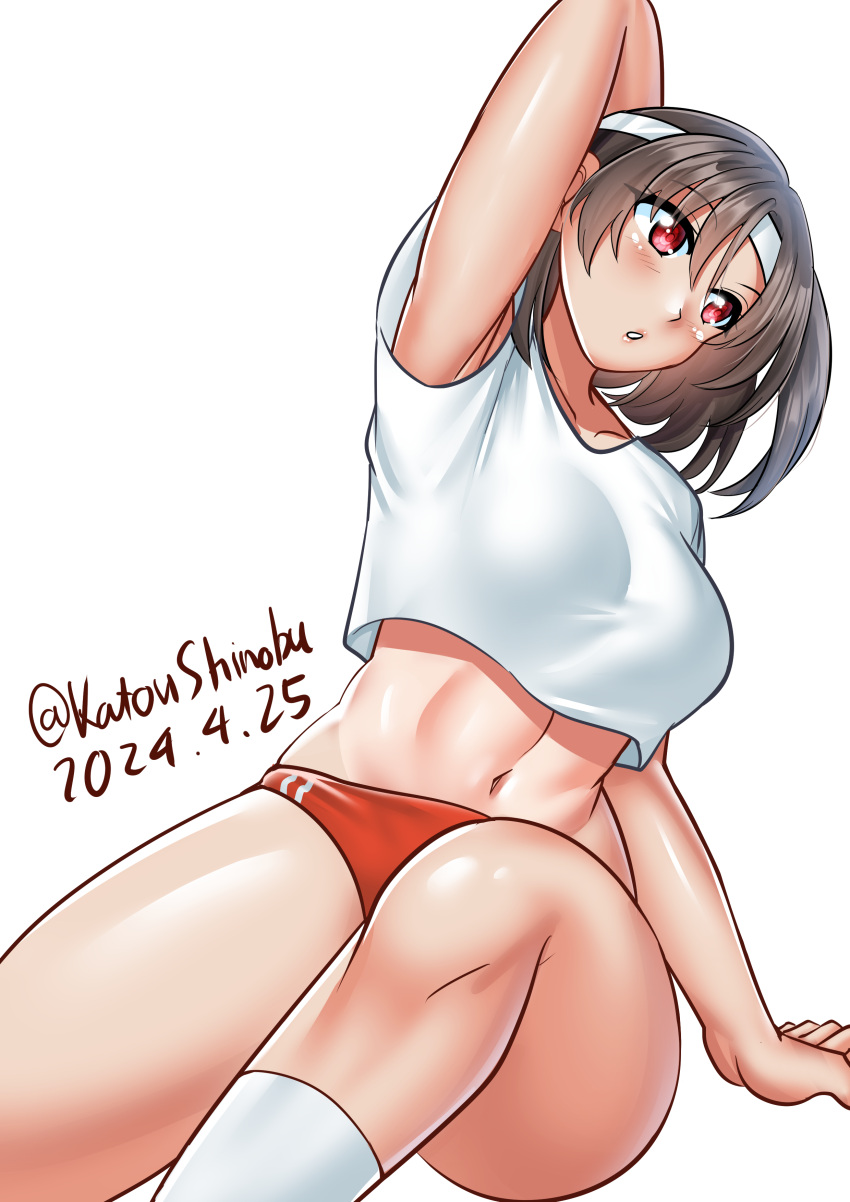 1girl absurdres black_hair buruma crop_top feet_out_of_frame gym_shirt gym_uniform headband highres kantai_collection katou_shinobu looking_to_the_side midriff nagara_(kancolle) navel one-hour_drawing_challenge one_side_up red_buruma red_eyes shirt short_hair socks solo t-shirt white_headband white_shirt white_socks