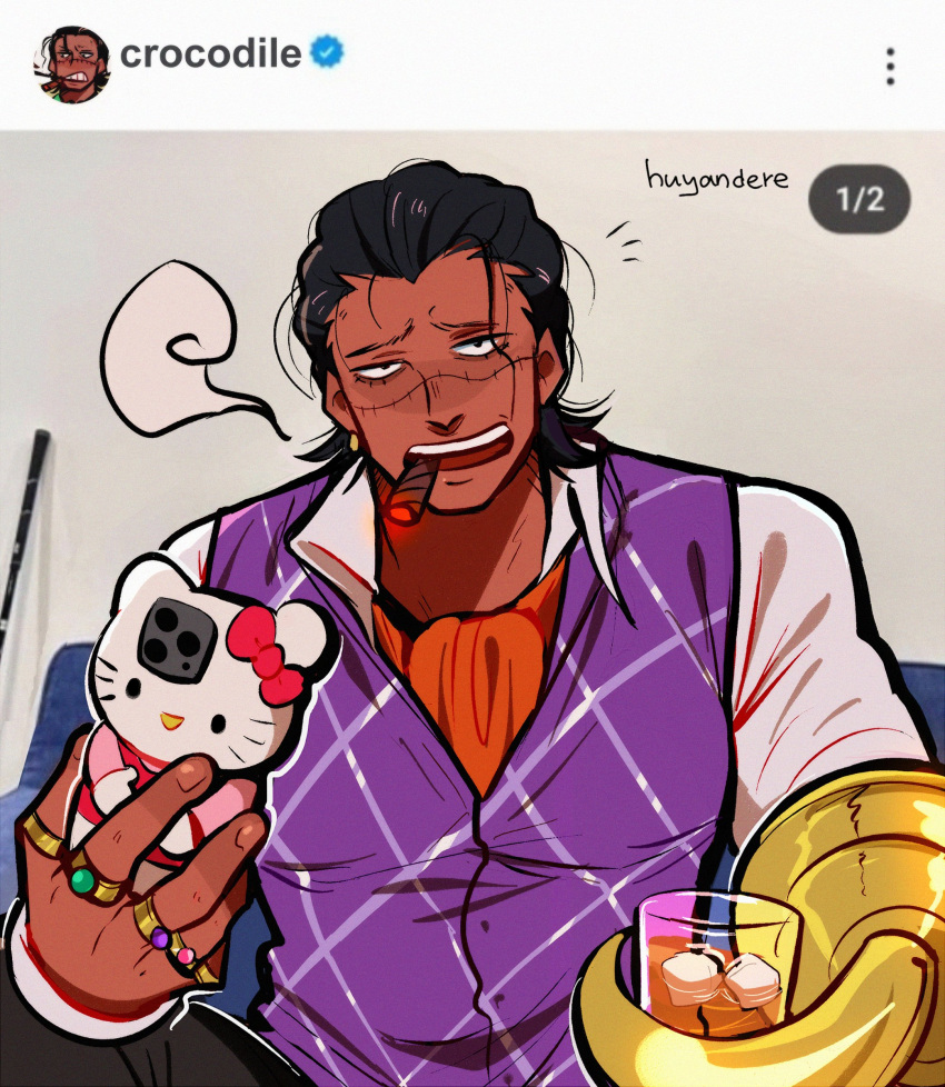 1boy absurdres alternate_costume ascot black_hair cigar crocodile_(one_piece) cup hair_slicked_back hello_kitty_phonecase_(meme) hello_kitty_print highres holding holding_cup holding_phone hook_hand huyandere instagram jewelry male_focus meme one_piece ornate_phone_case parody phone short_hair smoking solo stitches vest