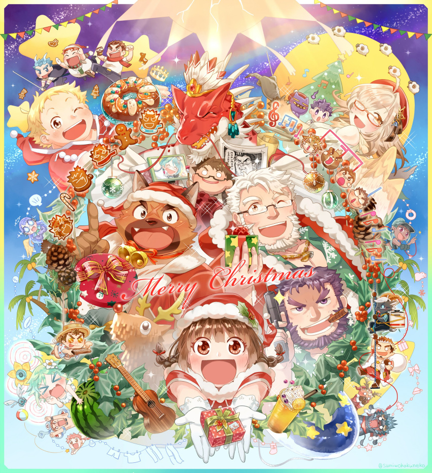 6+boys 6+girls absurdres arachne_(housamo) ashigara_(housamo) bell benten_(housamo) candy candy_cane character_cookie character_request christmas christmas_ornaments cigar clothesline crown cupid_(housamo) ded_(housamo) devil_(housamo) durga_(housamo) echo_(housamo) food fruit full_moon furry furry_female furry_male gift gloves goat_boy gun hair_over_one_eye hat headdress highres hitodama holding holding_gift holding_gun holding_weapon instrument leanan_sidhe_(housamo) merry_christmas moon motoori_shiro multiple_boys multiple_girls nakatsugi_kyuuma native_american_headdress one_eye_closed open_mouth pinecone protagonist_2_(housamo) sakimori_toji santa_hat sheep star_(symbol) sumi_wo_hakuneko tanngrisnir_(housamo) tiger_girl tokyo_afterschool_summoners ukulele watermelon weapon white_gloves yasuyori_(housamo) ziz_(housamo)