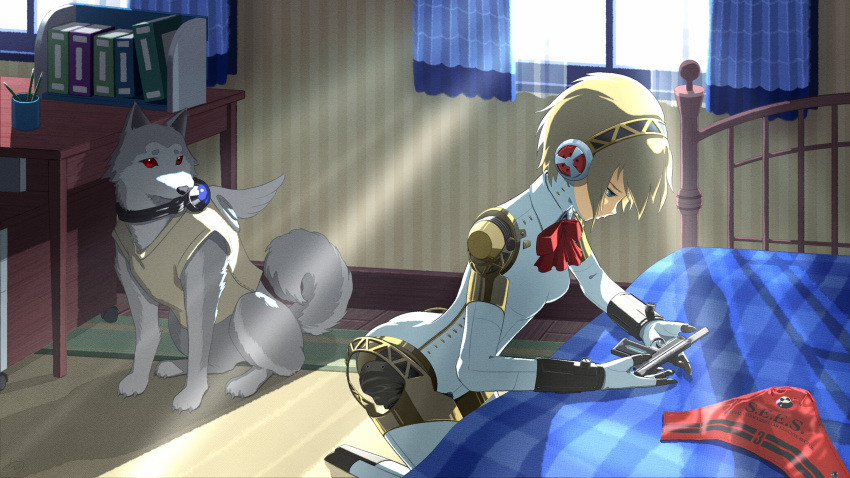 1girl absurdres aegis_(persona) android animal armband bed blonde_hair blue_eyes book bow clothed_animal dog evoker fake_wings highres joints kneeling koromaru_(persona) lateeen_239 looking_down persona persona_3 robot_ears robot_girl robot_joints s.e.e.s sunlight table tank_top unworn_armband window wings