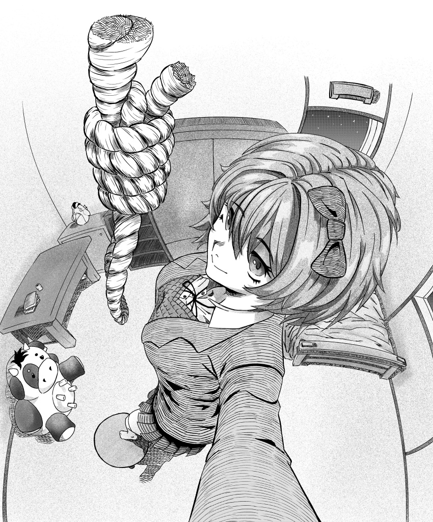 1girl absurdres air_conditioner arm_up barefoot bed bedroom blazer book bow bowtie breasts closed_mouth collared_shirt commentary cup desk doki_doki_literature_club dress_shirt english_commentary eyelashes fisheye foreshortening greyscale hair_between_eyes hair_bow halftone_texture hatching_(texture) highres imminent_suicide jacket long_sleeves making-of_available medium_breasts monochrome neck_ribbon night night_sky noose perspective pleated_skirt ribbon rope sayori_(doki_doki_literature_club) seagull_png selfie shirt short_hair skirt sky solo spoilers star_(sky) starry_sky stool stuffed_animal stuffed_cow stuffed_toy sweater_vest wardrobe