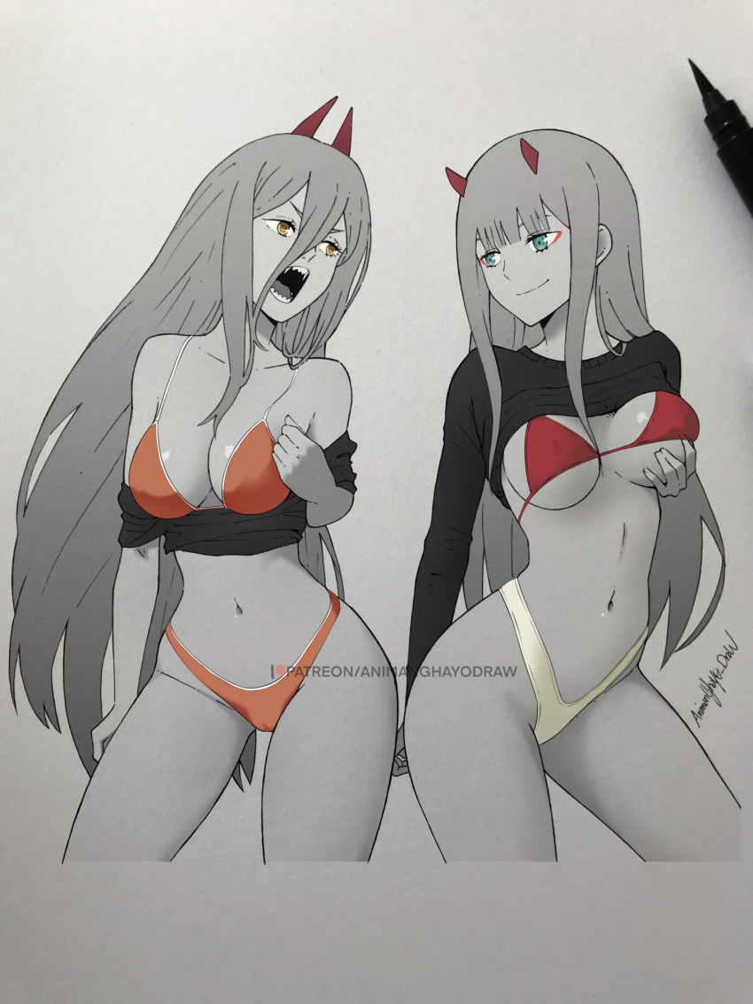 2girls animanghayo aqua_eyes art_tools_in_frame bikini breasts chainsaw_man clothes_lift commentary contrapposto covered_nipples cropped_legs crossover darling_in_the_franxx eyeliner grabbing_own_breast greyscale hair_between_eyes highres horns long_hair makeup medium_breasts millipen_(medium) mismatched_bikini mixed_media monochrome multiple_girls open_mouth orange_bikini patreon_username power_(chainsaw_man) red_eyeliner red_horns sharp_teeth shirt_lift shirt_tug sidelocks signature smile spot_color swimsuit teeth traditional_media trait_connection very_long_hair yellow_eyes zero_two_(darling_in_the_franxx)