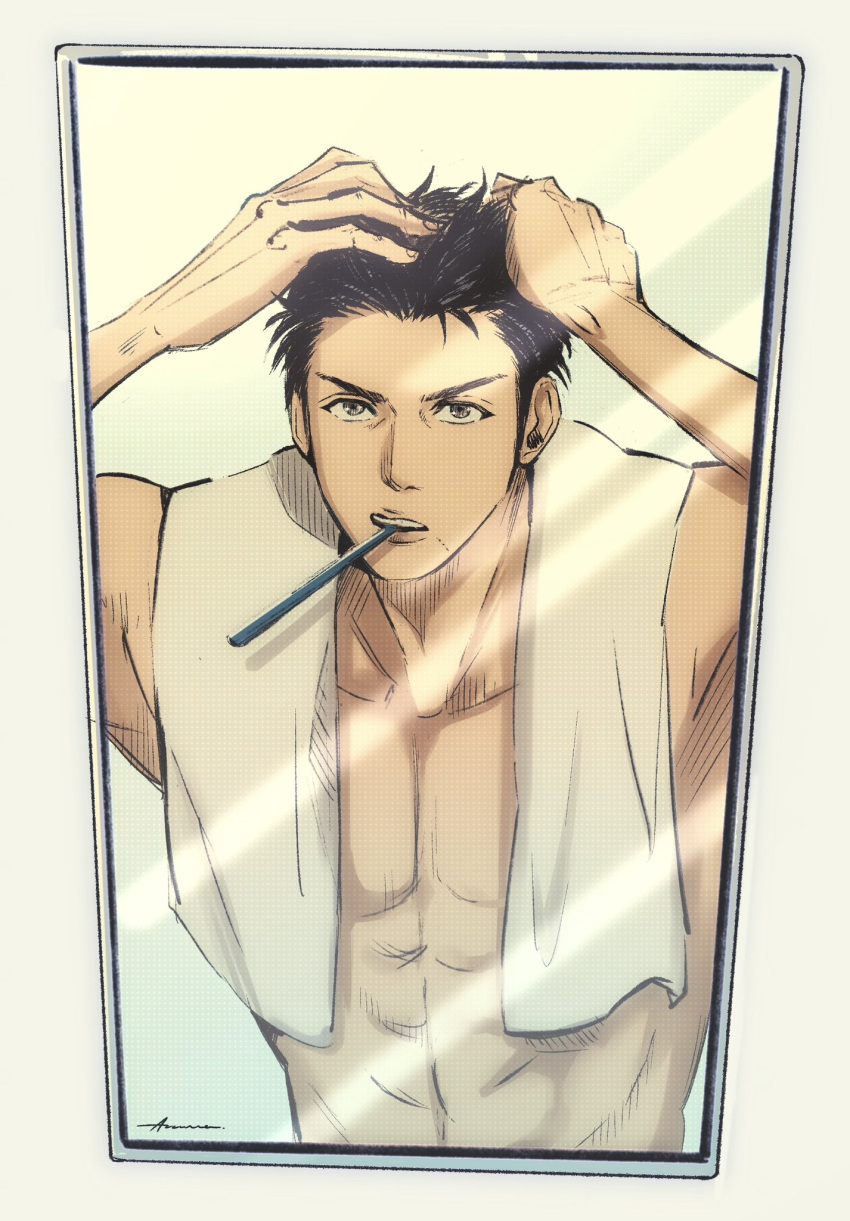 1boy abs adjusting_hair azzurro_000 bathroom black_eyes black_hair highres indoors male_focus mirror mitsui_hisashi mouth_hold scar scar_on_chin scar_on_face short_hair slam_dunk_(series) solo toothbrush toothbrush_in_mouth towel towel_around_neck upper_body