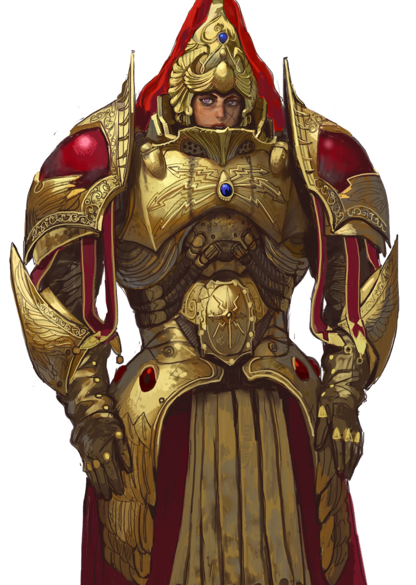 1girl absurdres adeptus_custodes armor breastplate gauntlets gold_armor helmet highres imperium_of_man looking_at_viewer mossacannibalis pauldrons power_armor scar scar_on_face shoulder_armor solo tagme warhammer_40k white_background