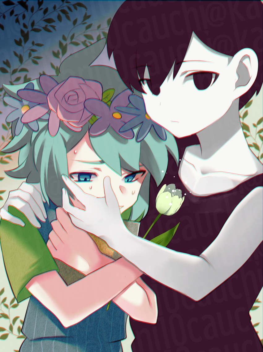 2boys basil_(headspace)_(omori) basil_(omori) black_eyes black_hair black_tank_top blue_overalls collarbone colored_skin expressionless flower green_eyes green_hair green_shirt head_wreath highres holding holding_flower kauchi_(kani10cauchi) looking_at_viewer multiple_boys omori omori_(omori) overalls shirt short_hair tank_top white_skin