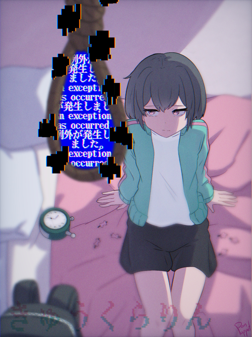 1girl alarm_clock aqua_jacket bags_under_eyes bed black_hair black_shorts blue_screen_of_death cevio clock closed_mouth depressed glitch hair_between_eyes hair_ornament hairclip highres imminent_suicide jacket kurari-chan_(iyowa) kyu-kurarin_(cevio) looking_at_object noose open_clothes open_jacket pillow pink_eyes pink_trim pon_puppet shirt short_hair shorts sidelocks sitting solo song_name track_jacket unworn_hair_ornament unworn_hairclip white_shirt