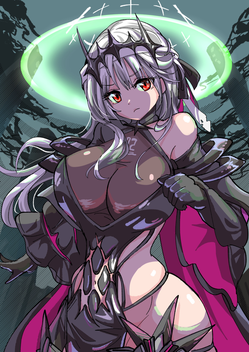 1girl absurdres black_choker black_crown_(object) black_dress breasts chinposiself choker cleavage cowboy_shot dress gloves goddess_of_victory:_nikke grey_hair hair_ornament highres large_breasts leotard long_hair long_sleeves looking_at_viewer modernia_(second_affection)_(nikke) navel official_alternate_costume pink_ribbon purple_gloves red_eyes ribbon see-through see-through_cleavage see-through_leotard sideboob single_bare_shoulder solo thighs