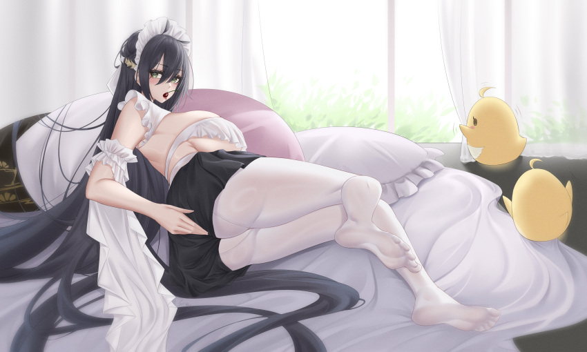 1girl absurdly_long_hair absurdres alternate_costume ass azur_lane barefoot bed black_hair black_skirt blush breasts clothes_pull dress feet frills green_eyes hair_between_eyes headdress headwear_request highres huge_breasts ichikushi_mojibake indomitable_(azur_lane) indomitable_(ms._motivationless_maid)_(azur_lane) indoors large_breasts legs long_hair looking_at_viewer lying maid maid_headdress manjuu_(azur_lane) no_shoes official_alternate_costume on_bed on_side open_mouth pantyhose pillow pleated_skirt skirt soles solo toes underboob underwear uniform very_long_hair white_pantyhose